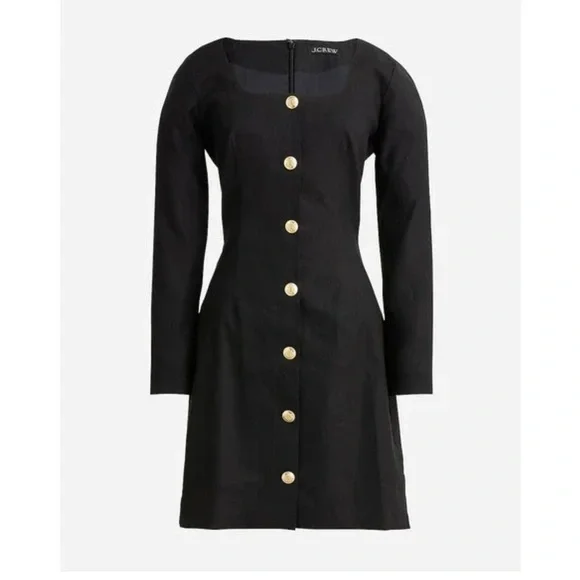 J Crew Long Sleeve Button Mini Dress Black Linen Blend Square Neck size 12 - Picture 2 of 8